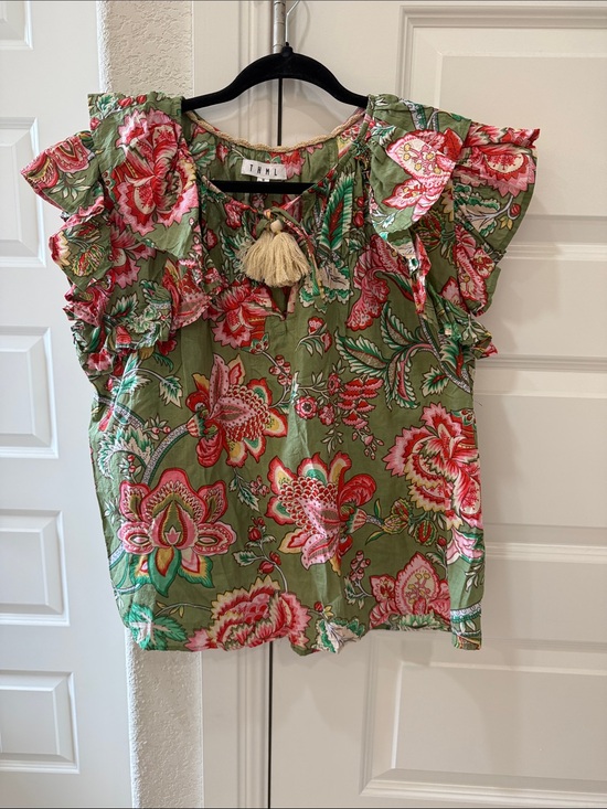 THML Tops - THML Olive Green Floral Ruffle-Sleeveless Top with Tassel Tie